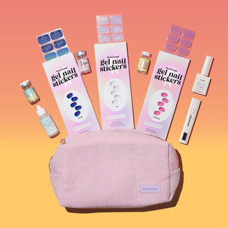 EyeCandys Gel Nail Stickers, Prescription Colored Contact Lenses, UV Lamp, and Top Glaze Eye Drops displayed above a pink bag – premium beauty and eye care essentials