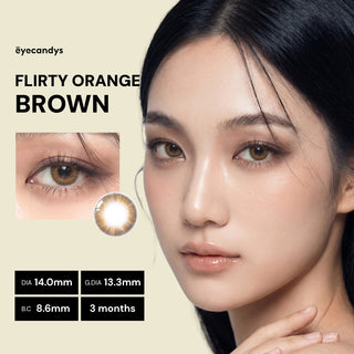 A woman with smooth skin wears EyeCandys Pink Label Flirty Orange Brown contacts. An inset highlights the design and specs: 14.0mm DIA, 13.3mm G.DIA, 8.6mm B.C., 3 months use.