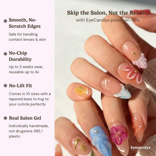 A hand displays EyeCandys Flora Bora Press-On Nails with long, colorful floral, seashell, and swirl designs. Smooth edges, no-chip durability, and real salon-quality manicure at home are highlighted.