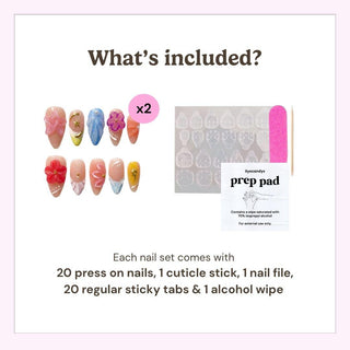 Image shows what's included in EyeCandys Flora Bora Press-On Nails set: 20 handmade floral/pastel gel nails, cuticle stick, nail file, 20 sticky tabs & alcohol wipe. Enjoy a salon look at home—icons of each item shown.