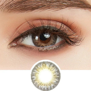 Model wearing the GEO Tri-Color Grey colored contact lenses for dark eyes, above a closeup of her eyes wearing the colored contacts prescription, showcasing the natural yet transformative effect and pixel-detail.