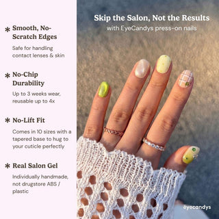 A hand with pastel and patterned EyeCandys Garden Variety Press-On Nails holds a knitted sleeve. Enjoy smooth edges, no-chip durability, no-lift fit, and real salon gel for a flawless Salon Gel Manicure.