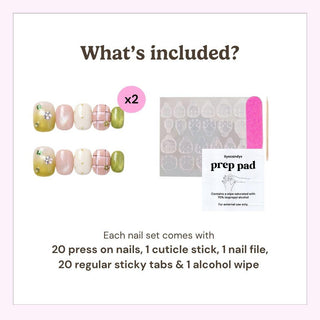 Image features EyeCandys' Garden Variety Press-On Nails—two handmade pastel and green sets, plus a nail file, cuticle stick, sticky tabs, and alcohol prep pad. Text highlights all included for a salon gel manicure at home.