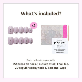 The image displays EyeCandys Gemini Press-On Nails set: 20 reusable nails, a cuticle stick, pink nail file, 20 sticky tabs, and an alcohol wipe. The text “What’s included?” appears with pictures of each item.