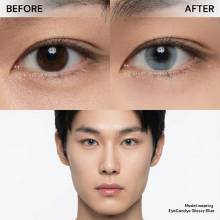 Before and after wearing EyeCandys Glossy Blue prescription colored contact lens on Asian male model, vibrant natural blue eye transformation, best contact lens, affordable contact lens price