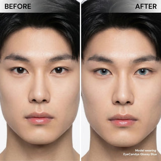 Asian male model before and after EyeCandys Glossy Blue colored contact lens, subtle to striking blue eye enhancement, best contact lens choice, budget-friendly contact lens price
