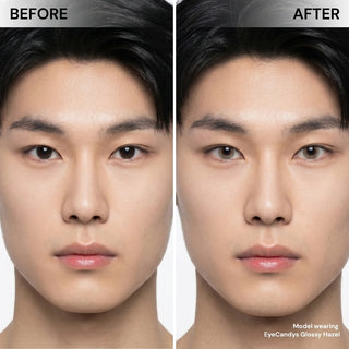 Male model before and after EyeCandys Glossy Hazel colored contact lens, subtle to vibrant hazel eye enhancement, best contact lens choice, budget-friendly contact lens price