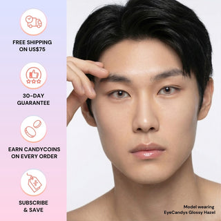Male model showcasing EyeCandys Glossy Hazel colored contact lens, natural eye transformation, best contact lens for style and comfort, great contact lens price