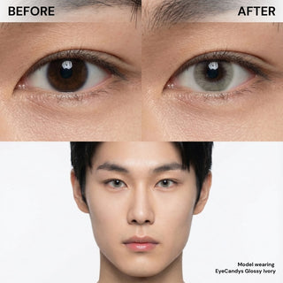 Asian male model before and after EyeCandys Glossy Ivory colored contact lens, subtle to bright ivory eye enhancement, best contact lens choice, budget-friendly contact lens price