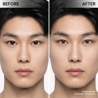 Before and after wearing EyeCandys Glossy Ivory prescription colored contact lens on Asian male model, natural ivory eye transformation, best contact lens, affordable contact lens price