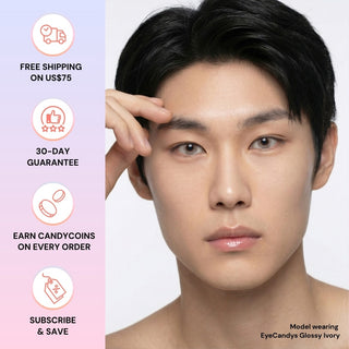 Asian male wearing EyeCandys Glossy Ivory colored contact lens, subtle glossy ivory eye enhancement, best contact lens choice, budget-friendly contact lens price
