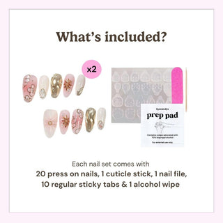 EyeCandys press on nails kit showing 20 reusable nails, cuticle stick, nail file, 10 sticky tabs, and alcohol wipe included in every set.