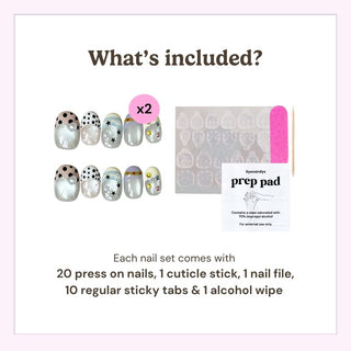 Reusable press on nails kit by EyeCandys including 20 nails, nail file, cuticle stick, alcohol wipe, and 10 sticky tabs for secure application.