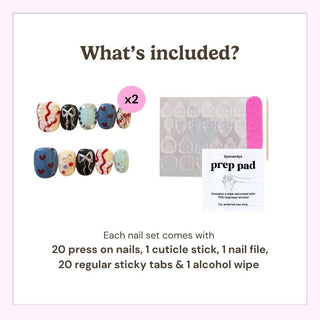 Image showing what’s included in the EyeCandys Heartbreak Hotel Press-On Nails set: 20 long-lasting, designer nails, a cuticle stick, nail file, 20 sticky tabs, and an alcohol wipe. "What’s included?" is written at the top.