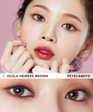 A close-up of a woman with natural makeup wears Olola Heiress Brown contact lenses. The bottom zooms in on her eyes, showing how these Olola lenses make dark eyes vibrant. Text: "Olola Heiress Brown #EYECANDYS.