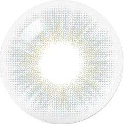 A close-up of Olola Heiress Grey by Olola shows a transparent base with a subtle yellow and gray starburst pattern—perfect for those wanting colored contacts for dark eyes or myopia.