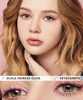 A young woman with wavy blonde hair poses with her hand near her face, wearing Olola Heiress Olive color contact lenses and pink eyeliner. A close-up of her eyes is shown below. Text reads “Olola Heiress Olive #EYECANDYS.”.