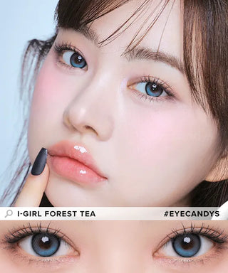 Close-up of a woman with fair skin, glossy pink lips, and straight dark hair wearing i-Girl One Pick Balance Forest Tea Blue contacts for a subtle Douyin girl look. A close-up below highlights her eyes in the i-Girl lenses.