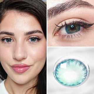 EyeCandys Isla Blue Grotto Contact Lenses in a collage – model wear, detailed eye close-up, and macro lens shot showcasing realistic, prescription blue contacts with a mesmerizing effect