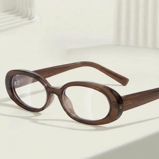 Eyecandys Coffee Jellicle Oval Full Frame reading eyewear, blue light blocking and photochromic lens options, unisex design.