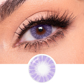 A close-up of long black lashes wearing EyeCandys Shade Violet Purple contacts; below is the lens design—ideal colored contacts by EyeCandys for dark eyes.