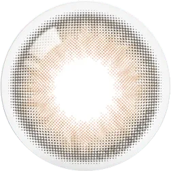 A close-up of Olola Dazzling 1-Day Rosie Hazel (10pk) contact lens shows its circular pattern with a gradient of light and dark brown dots radiating outward, leaving the center clear. Brand: Olola.
