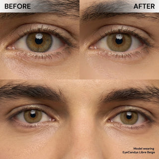 Before and after wearing EyeCandys Libre Beige prescription colored contact lens on male model, natural beige eye transformation, best contact lens, affordable contact lens price