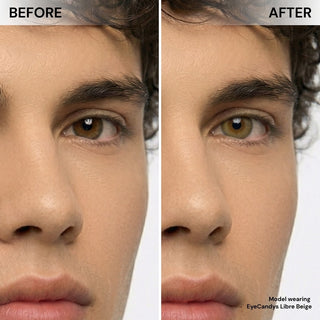 Male model before and after EyeCandys Libre Beige colored contact lens, subtle to vibrant beige eye enhancement, best contact lens choice, budget-friendly contact lens price