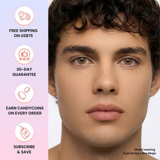 Male wearing EyeCandys Libre Beige colored contact lens, subtle and natural beige eye look, best contact lens choice, budget-friendly contact lens price