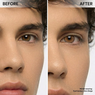 Before and after wearing EyeCandys Libre Brown prescription colored contact lens on male model, natural warm brown eye transformation, best contact lens, affordable contact lens price
