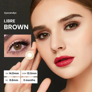 Beauty portrait of model showcasing EyeCandys Libre Brown lenses with warm brown tones