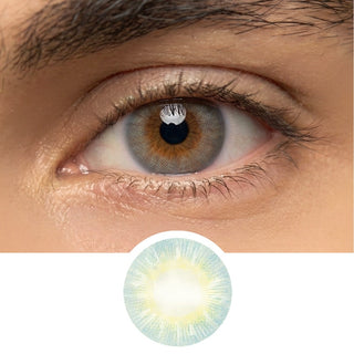Close-up of male model’s eye wearing EyeCandys Libre Green prescription colored contact lens, natural vibrant green eye enhancement, best contact lens, affordable contact lens price