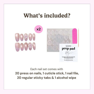 Image displays EyeCandys Lilac Dew Press-On Nails set: 20 handmade press-ons, cuticle stick, pink file, 20 sticky tabs & alcohol prep pad. Text “What’s included?” appears with all items shown plus a hint of magnetic shimmer.