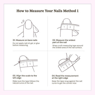 Follow this step-by-step illustrated guide from EyeCandys to measure your nails for Lilac Dew Press-On Nails: place the scale on bare nails, align to the left edge, measure the widest part, and note the size at the right edge. Perfect fit every time!.