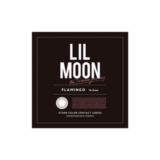 Packaging for Lilmoon Monthly Flamingo Japanese colored contact lenses. Monthly prescription and non-prescription contacts with blush pink tones, smoky gray halo, natural circle lens effect, soft-focus finish, and premium lens packaging.