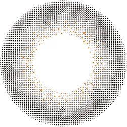 Graphic design of Lilmoon Monthly Rusty Grey (Prescription) circle contact lens packaging with dot pattern and detailed limbal ring, designed to enlarge the eyes
