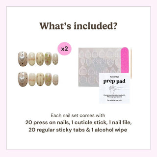 Image listing the contents of EyeCandys’ Little Bea Press-On Nails set: 20 floral cottagecore press-ons, cuticle stick, file, 20 sticky tabs, and alcohol wipe for a salon gel manicure look at home.