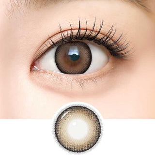 Detailed view of Dekame Look At Me Brown contact lens on a brown eye which also includes a close-up detail of the contact lens.