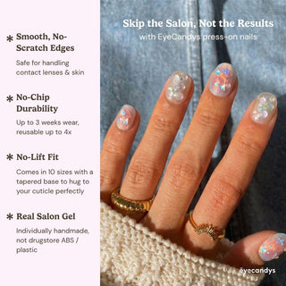 A hand wearing EyeCandys Love Tomorrow Press-On Nails with iridescent art is shown in sunlight, accessorized with gold rings. Text highlights smooth edges, up to 3 weeks no-chip wear, a no-lift fit, and real salon gel quality.