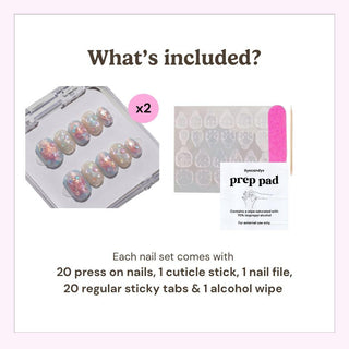 Image of EyeCandys Love Tomorrow Press-On Nails set: 2 sets of handmade press-ons, pink nail file, wooden cuticle stick, sticky tabs, and alcohol prep pad. Text highlights all items for effortless at-home application.