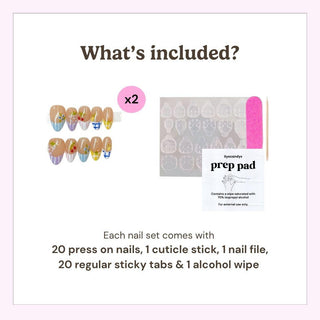 Image shows “What’s included?” in the EyeCandys Macedonia Press-On Nails set: 20 handmade colorful nails (some with fruit art), cuticle stick, pink nail file, sticky tabs sheet, and alcohol prep pad for a salon gel manicure look.