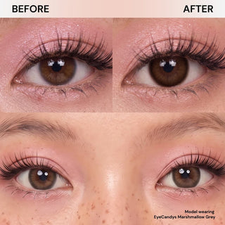 Close-up photos show natural brown eyes before and after wearing EyeCandys Pink Label Marshmallow Grey contacts. Afterward, the eyes are softly enhanced with a subtle grey tint and a natural smoky eye effect.