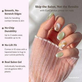 A hand with pastel green, white, and gold-floral Matcha Made Press-On Nails by EyeCandys holds a sheer, ruffled fabric. Text highlights smooth edges, no-chip durability, no-lift fit, and real salon gel.