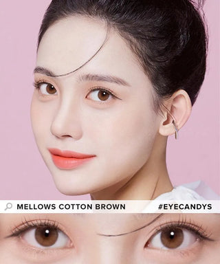 A woman with fair skin and straight dark hair wears natural makeup and Olola Mellows Cotton Brown contact lenses. A close-up highlights the rich brown shade. Text: "Olola Mellows Cotton Brown #EYECANDYS.