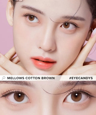 Close-up of a woman with light skin, soft pink lipstick, and subtle makeup highlighting her brown eyes wearing Olola Mellows Cotton Brown contact lenses. Text reads "Olola Mellows Cotton Brown #EYECANDYS.