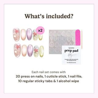 What’s included in the box: 20 press on nails, cuticle stick, nail file, 10 adhesive tabs, and alcohol wipe for easy at-home manicure application.