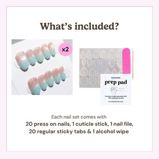 Image of EyeCandys Mist n Fade Press-On Nails—two salon gel sets in sparkly pastels. Includes 20 nails, a cuticle stick, pink nail file, sticky tabs, and alcohol prep pad; all tools, tabs & wipe are detailed on the packaging.