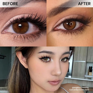 Split image displays brown eyes before and after wearing EyeCandys Mocha Mousse Bundle (5 Pairs) contact lenses. Below, a woman showcases these prescription colored contacts, emphasizing the dramatic color transformation.