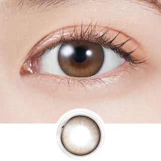 Close-up of eye wearing EyeCandys Molak 1-Day Dollish Brown (10pk) prescription colored contact lens with lens design shown below, warm honey brown three-tone gradient with fine black limbal ring, natural Korean daily disposable colored contacts for dark eyes, subtle dolly eye effect
