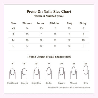 Moon Glass Press-On Nails by EyeCandys: size chart includes nail bed widths (mm) for XS–L and thumb lengths for short round, squoval, coffin, square, almond, oval—ideal for a handmade or salon gel manicure look at home.